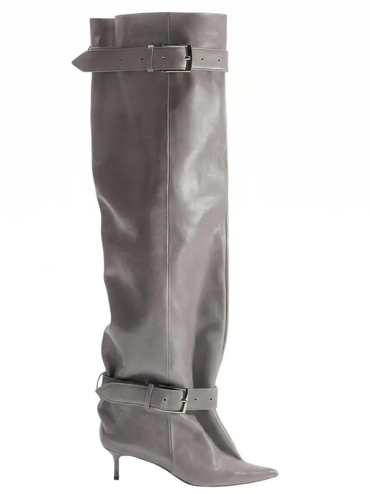 Novas Botas Femininas Acima do Joelho com Salto Fino Pontiagudo, Fivela de Cinto e Cano Largo para Desfile de Moda, Tamanhos 35-46, Botas Femininas Acima da Coxa