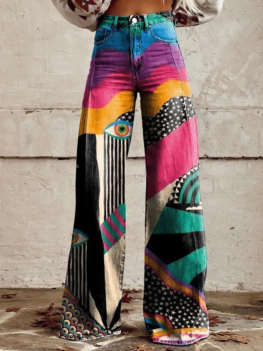 Calça jeans feminina estampada 3D, calça larga de poliéster com aparência vintage desgastada, cintura alta, ajuste confortável para moda urbana