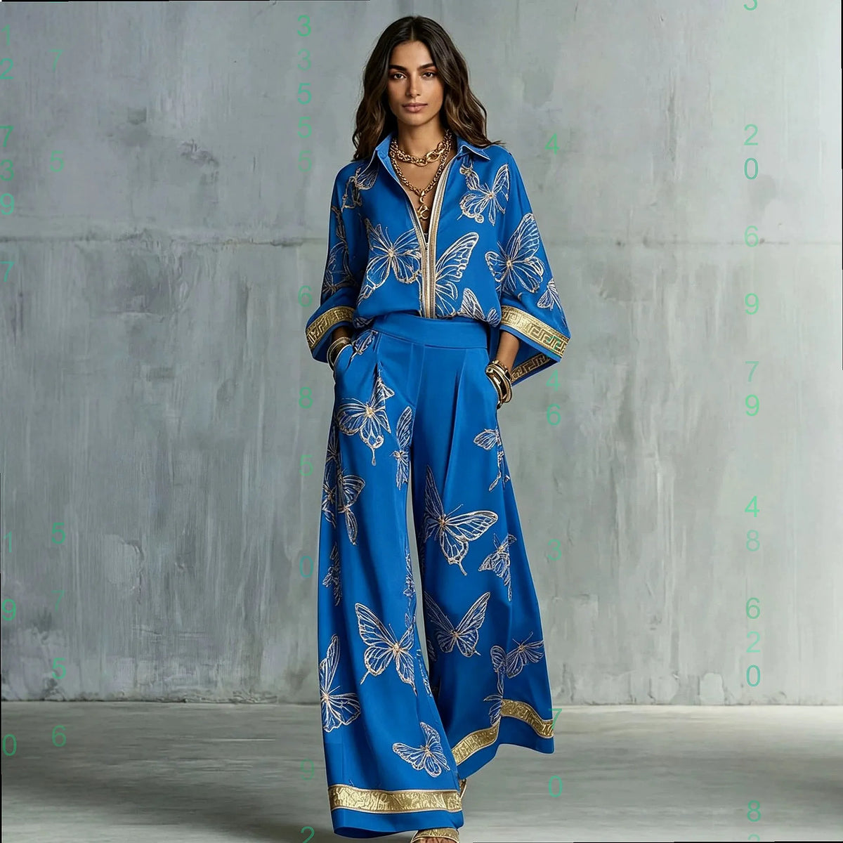 Conjunto Feminino de Camisa Estampada Oversized e Calça, Blusa de Manga Longa com Lapela, Calça de Cintura Alta Elástica e Perna Larga, Conjunto de Duas Peças Feminino