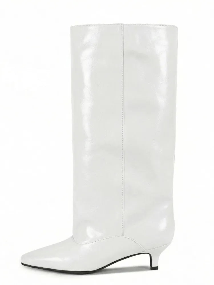Botas Femininas de Cano Médio com Salto Baixo Pontudo 2026, Botas de Cano Alto da Moda com Salto Fino, Tamanhos Grandes 35-45