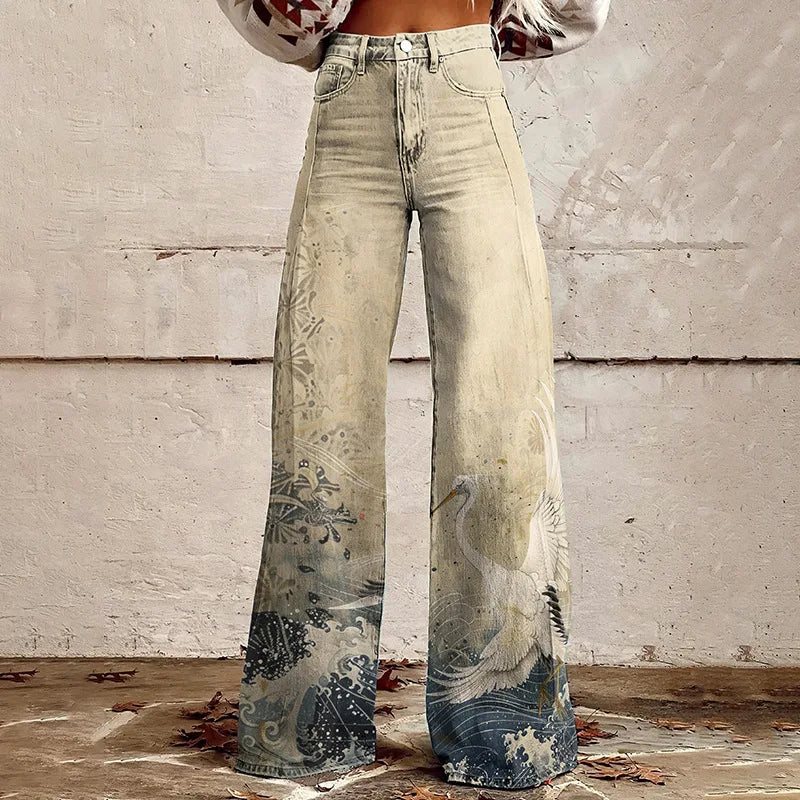 Calça jeans feminina estampada 3D, calça larga de poliéster com aparência vintage desgastada, cintura alta, ajuste confortável para moda urbana