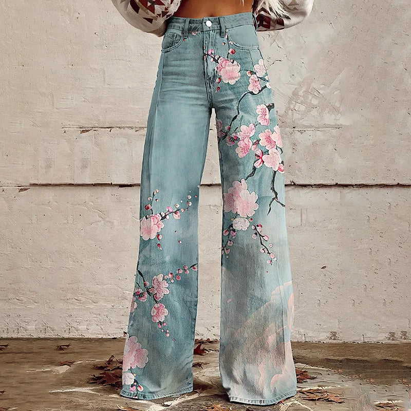Calça jeans feminina estampada 3D, calça larga de poliéster com aparência vintage desgastada, cintura alta, ajuste confortável para moda urbana