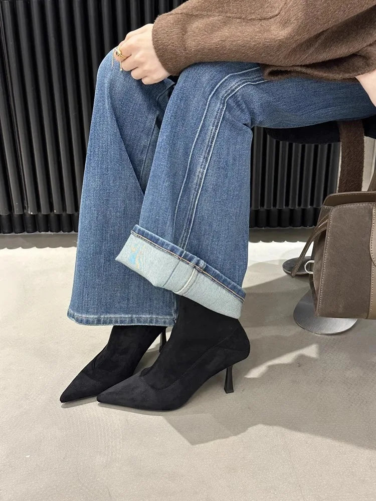 Botas Femininas Retrô de Camurça com Salto Fino e Bico Fino, Estilo Francês, para Escritório, Outono Inverno