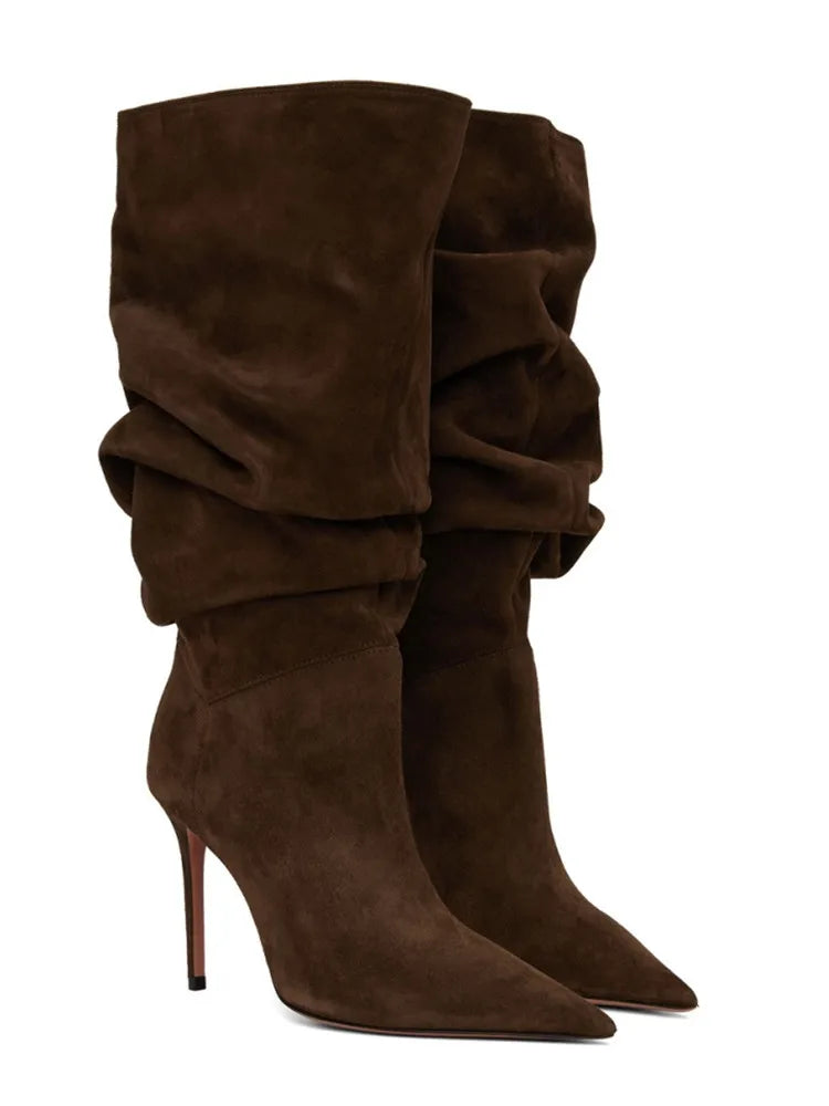Botas Curtas Plissadas de Salto Alto com Bico Fino para Mulheres, Coleção Outono/Inverno 2026, Tamanhos Grandes 35-47