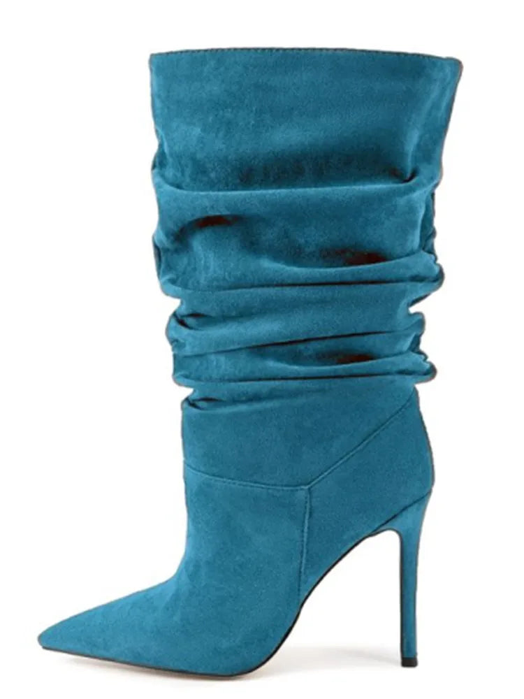 Botas Curtas Plissadas de Salto Alto com Bico Fino para Mulheres, Coleção Outono/Inverno 2026, Tamanhos Grandes 35-47