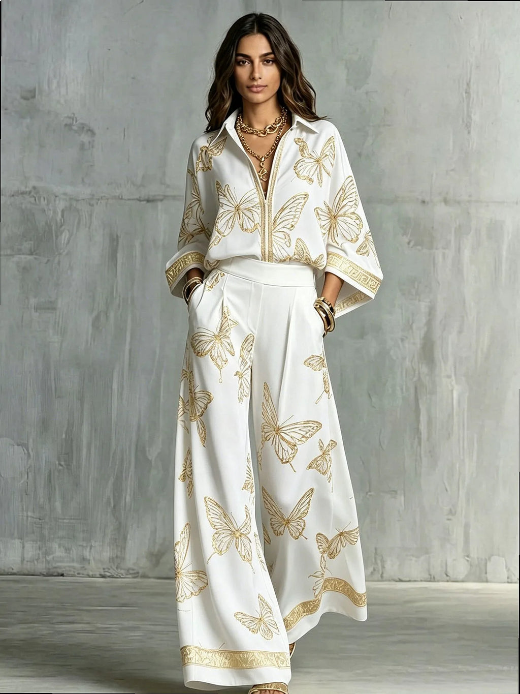 Conjunto Feminino de Camisa Estampada Oversized e Calça, Blusa de Manga Longa com Lapela, Calça de Cintura Alta Elástica e Perna Larga, Conjunto de Duas Peças Feminino