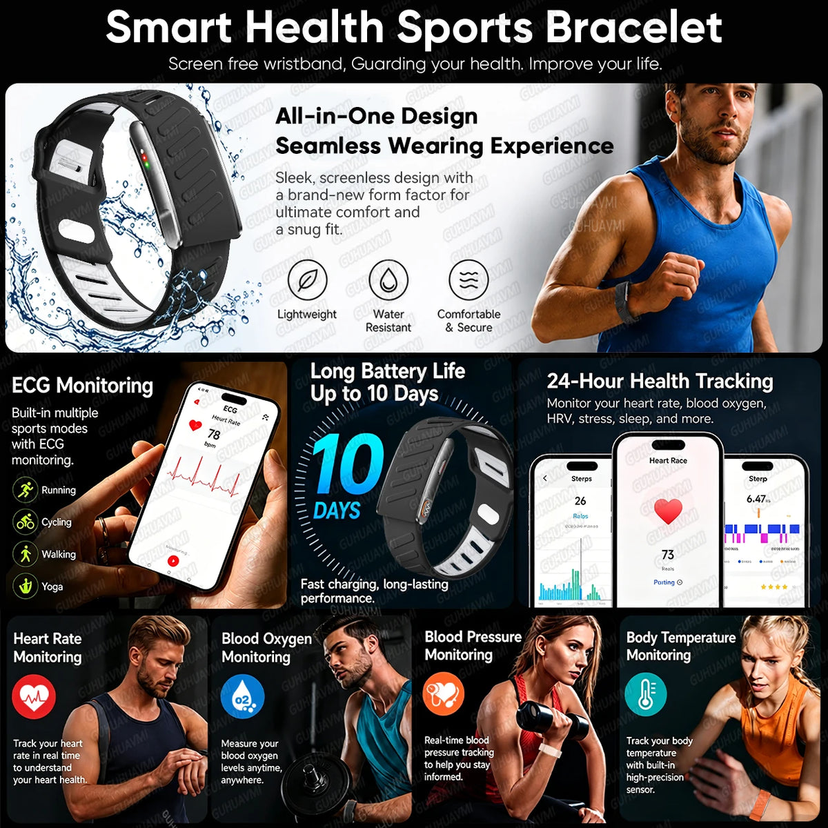 Novas Pulseiras Inteligentes de Saúde 2026 Sem Tela com ECG+PPG, Monitoramento 24/7 de Frequência Cardíaca, SpO2, Pressão Arterial, Gordura Corporal, Rastreador de Fitness 3ATM, Smart Band