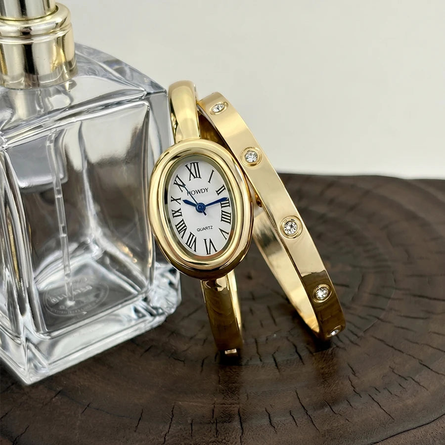 Conjunto de Relógios Femininos em Duas Peças - Relógio de Pulso Retro Luxuoso e Estiloso para Mulheres