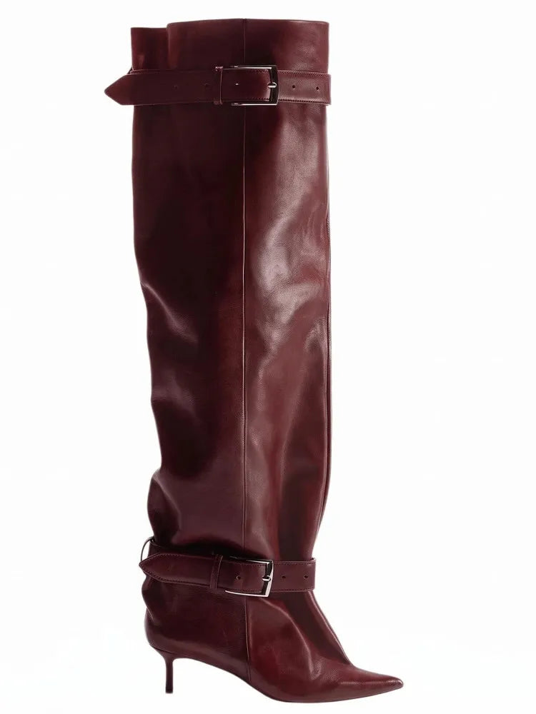 Novas Botas Femininas Acima do Joelho com Salto Fino Pontiagudo, Fivela de Cinto e Cano Largo para Desfile de Moda, Tamanhos 35-46, Botas Femininas Acima da Coxa