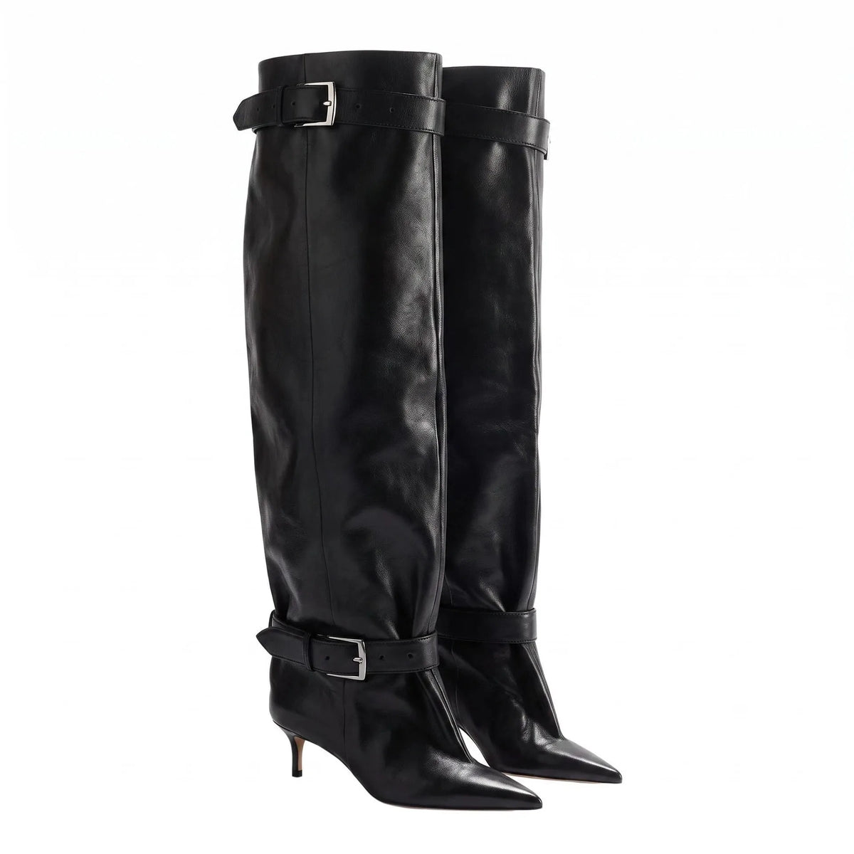 Novas Botas Femininas Acima do Joelho com Salto Fino Pontiagudo, Fivela de Cinto e Cano Largo para Desfile de Moda, Tamanhos 35-46, Botas Femininas Acima da Coxa