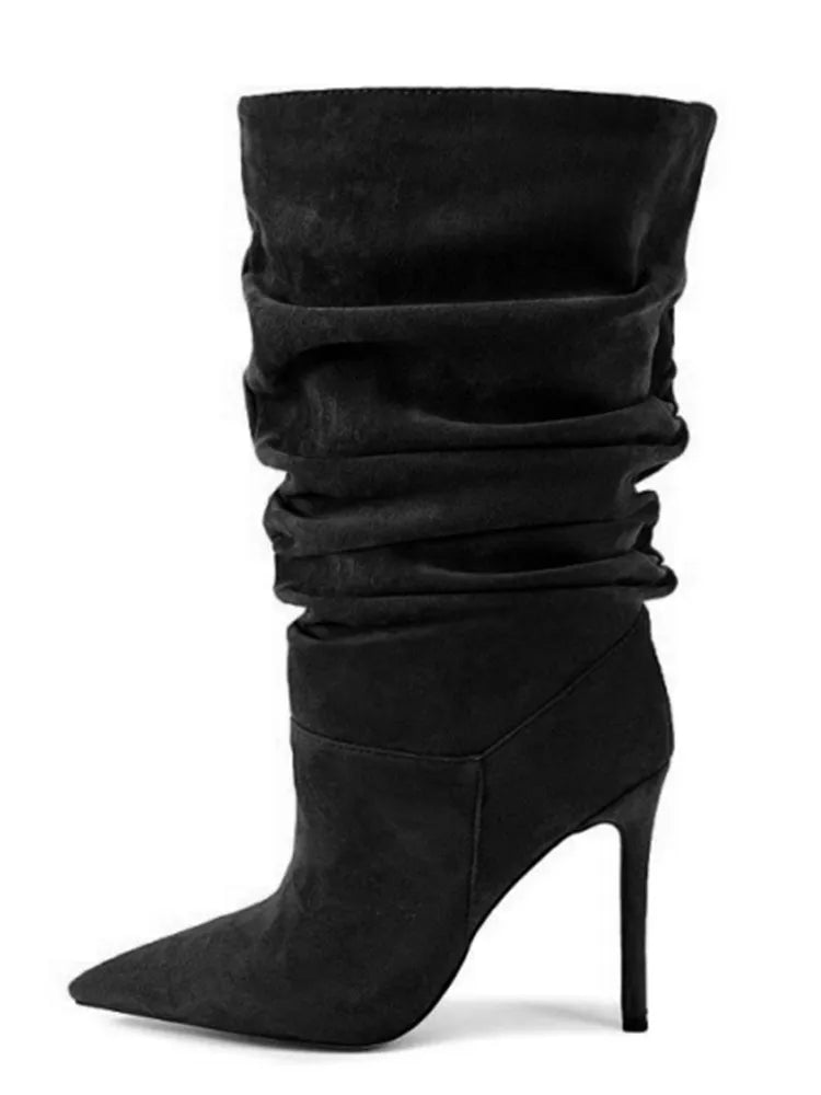 Botas Curtas Plissadas de Salto Alto com Bico Fino para Mulheres, Coleção Outono/Inverno 2026, Tamanhos Grandes 35-47