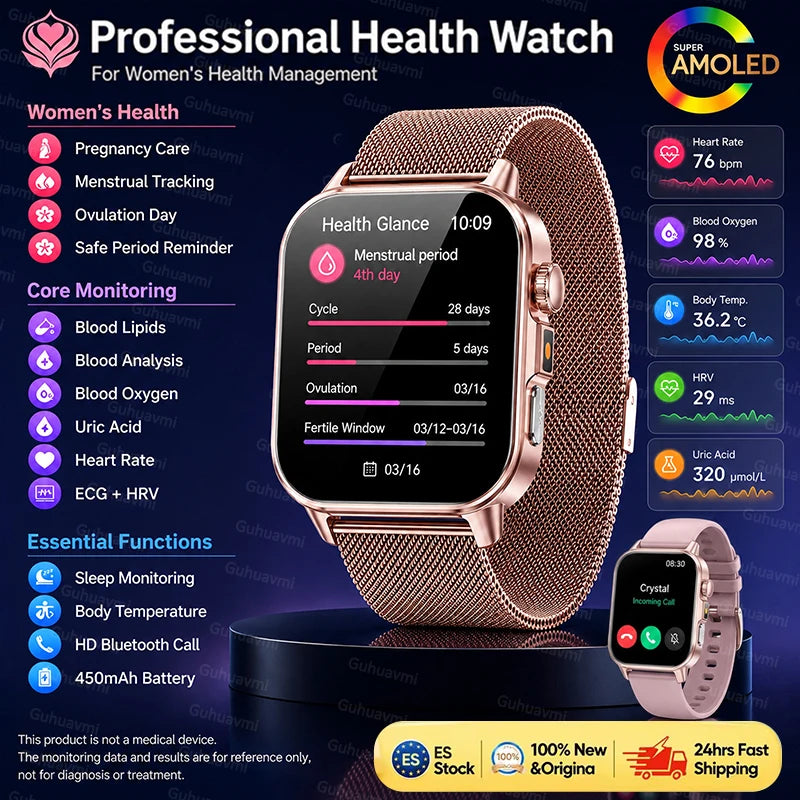 Novo Relógio Profissional de Saúde para Mulheres 2026, Tela AMOLED de 2.01", ECG, Ácido Úrico, Lipídios no Sangue, Relógio Inteligente com Chamada Bluetooth para Mulheres, Presente Ideal