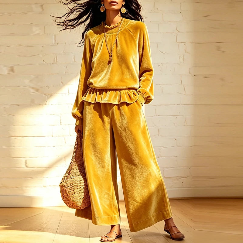 Conjunto de Duas Peças Feminino de Moda para Outono Inverno: Camisa de Veludo de Manga Longa com Gola de Babados e Calças de Cintura Alta com Bolsos e Pernas Largas