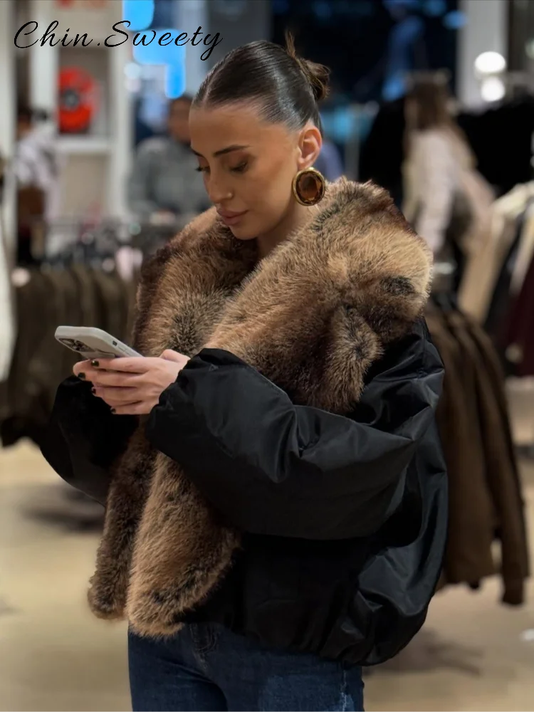 Quente pele do falso emendado casacos de algodão feminino solto lapela manga longa bolsos engrossar jaqueta feminina 2025 inverno senhora chique outwear novo