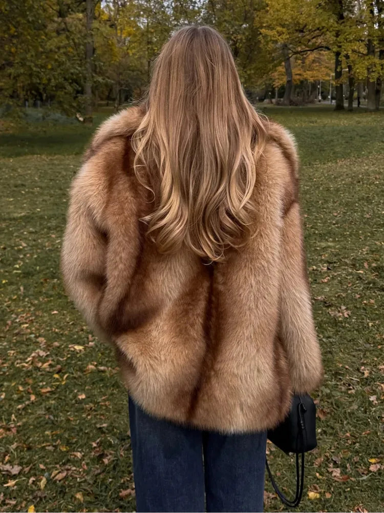 Pual marca de luxo moda feminina amarelo listrado jaqueta de pele do falso casaco chique meninas 2025 inverno oversized quente outerwear casaco