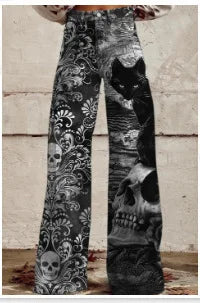Calça jeans feminina estampada 3D, calça larga de poliéster com aparência vintage desgastada, cintura alta, ajuste confortável para moda urbana