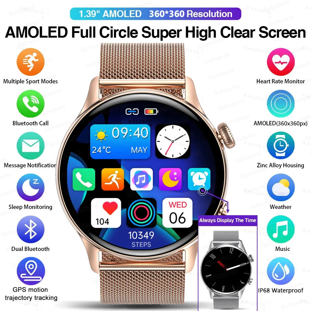Novo Smartwatch 2026 para Mulheres com Tela AMOLED HD, Display Sempre Ativo, Chamada Bluetooth, IP68 à Prova d'Água, GPS, Relógio Inteligente para Homens, Compatível com Android e iOS