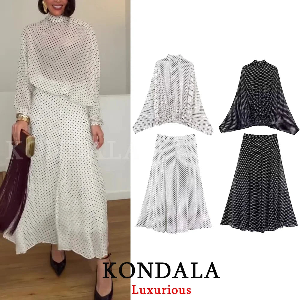 Conjuntos Femininos KONDALA Vintage com Poás, Blusas Soltas de Chiffon com Laço e Saias Longas Soltas, Moda Primavera Verão 2026, Trajes para Férias