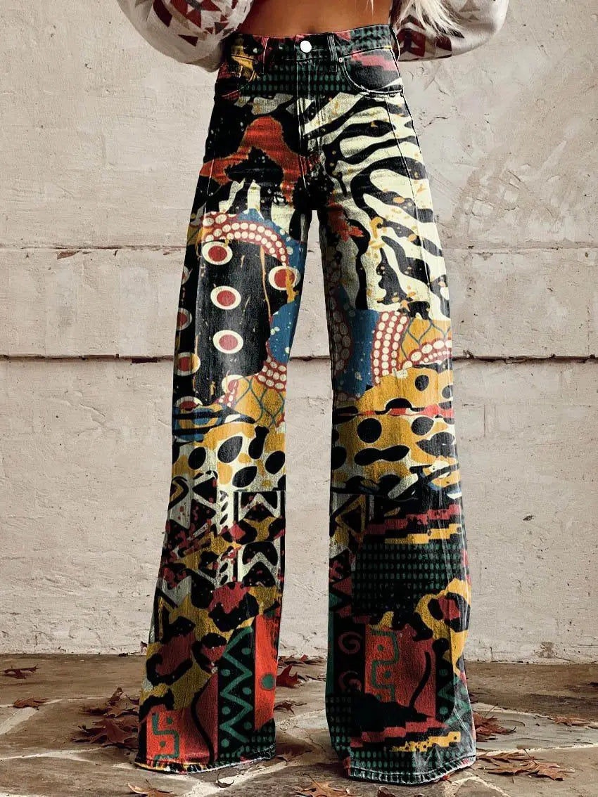 Calça jeans feminina estampada 3D, calça larga de poliéster com aparência vintage desgastada, cintura alta, ajuste confortável para moda urbana