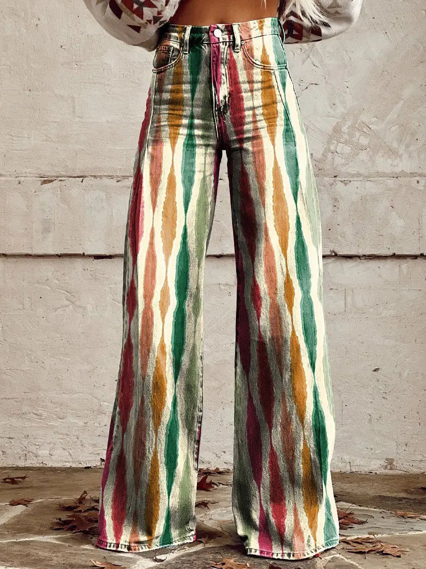 Calça jeans feminina estampada 3D, calça larga de poliéster com aparência vintage desgastada, cintura alta, ajuste confortável para moda urbana