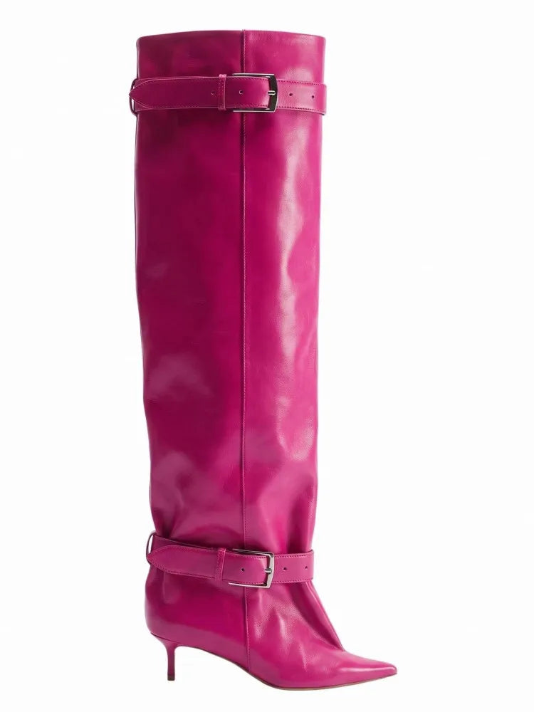 Novas Botas Femininas Acima do Joelho com Salto Fino Pontiagudo, Fivela de Cinto e Cano Largo para Desfile de Moda, Tamanhos 35-46, Botas Femininas Acima da Coxa