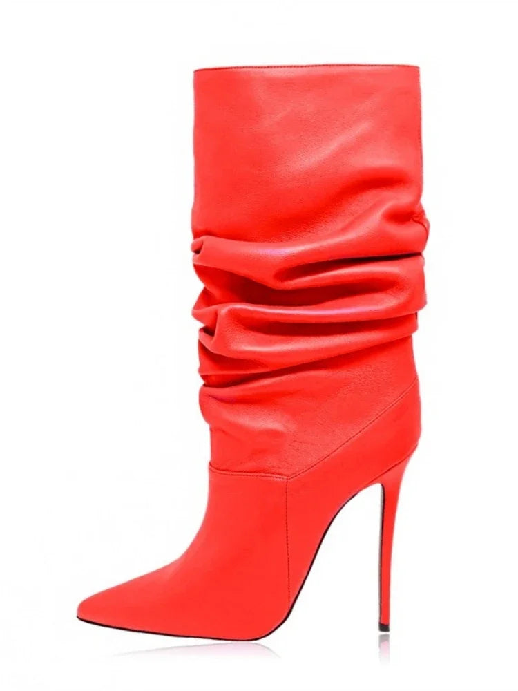 2025 moda dedo do pé apontado plissado salto stiletto joelho botas altas elásticas plus size botas de vestido feminino para escritório & festa à noite