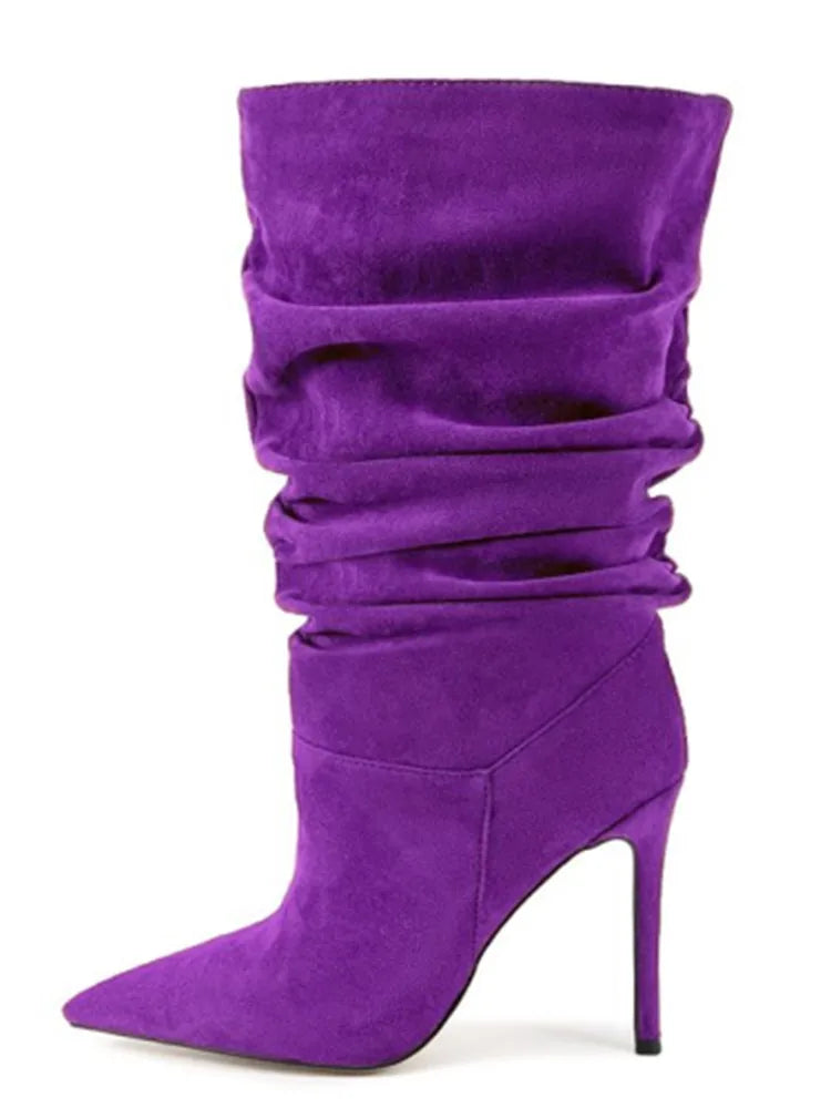 Botas Curtas Plissadas de Salto Alto com Bico Fino para Mulheres, Coleção Outono/Inverno 2026, Tamanhos Grandes 35-47