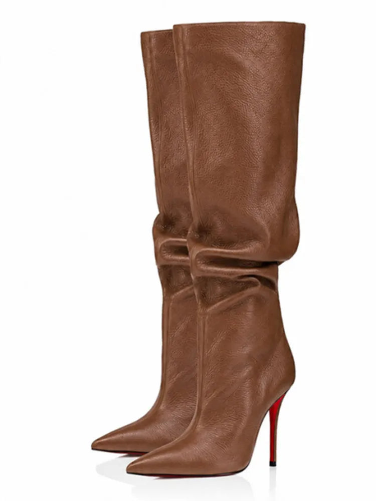 Botas Femininas de Salto Alto Fino e Bico Fino 2026, Botas de Cano Alto para Outono/Inverno, Botas Femininas Grandes 35-43