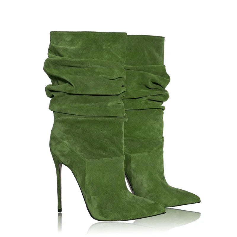 2025 moda dedo do pé apontado plissado salto stiletto joelho botas altas elásticas plus size botas de vestido feminino para escritório & festa à noite