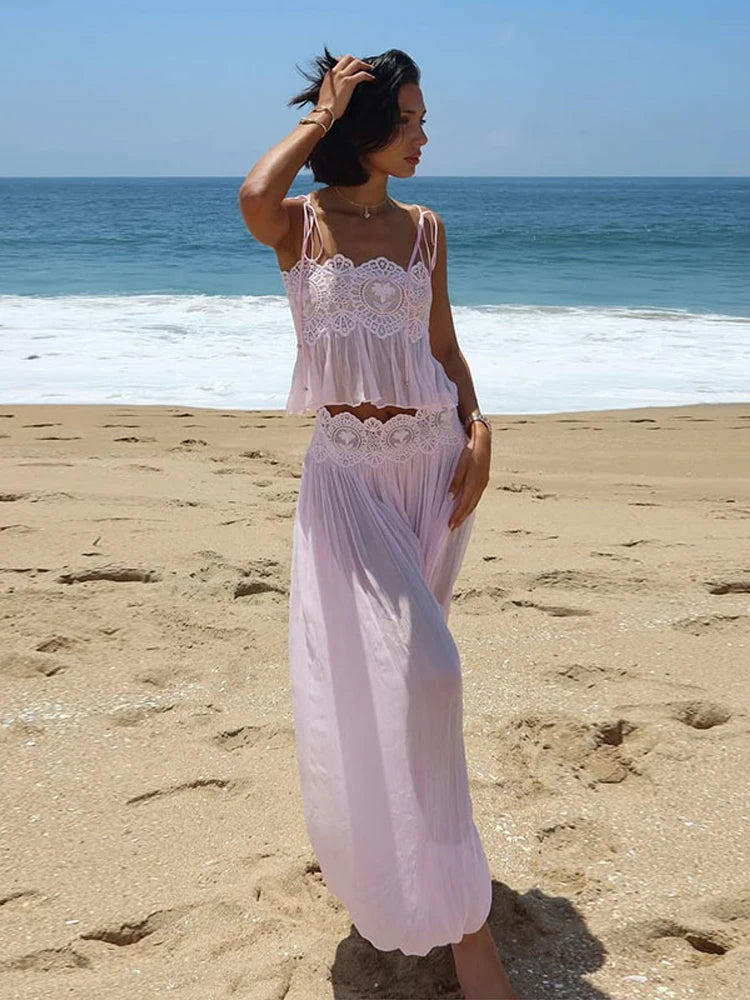 Conjunto de 2 Peças Feminino Sexy de Renda e Cetim: Blusas Regata Justas Sem Manga e Calças Longas de Perna Larga - Novo Lançamento 2026 para o Verão e Férias