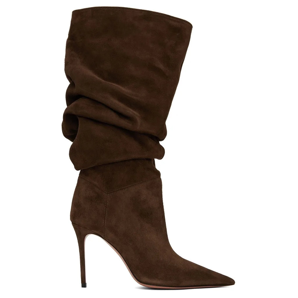 Botas Curtas Plissadas de Salto Alto com Bico Fino para Mulheres, Coleção Outono/Inverno 2026, Tamanhos Grandes 35-47