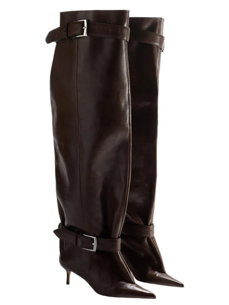 Novas Botas Femininas Acima do Joelho com Salto Fino Pontiagudo, Fivela de Cinto e Cano Largo para Desfile de Moda, Tamanhos 35-46, Botas Femininas Acima da Coxa