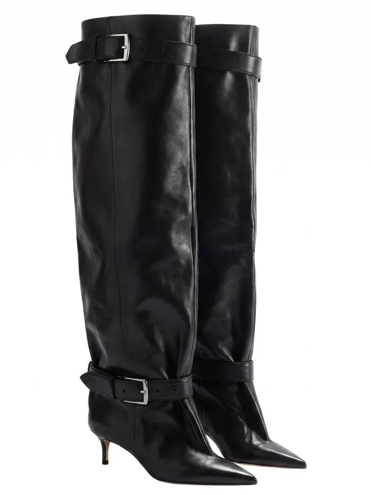 Novas Botas Femininas Acima do Joelho com Salto Fino Pontiagudo, Fivela de Cinto e Cano Largo para Desfile de Moda, Tamanhos 35-46, Botas Femininas Acima da Coxa