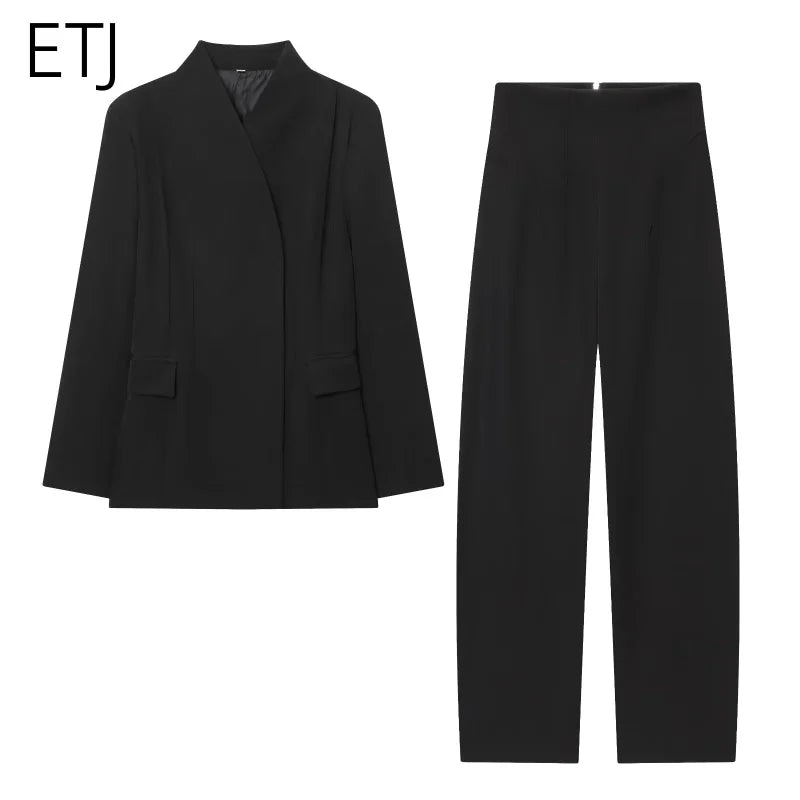 ETJ 2025 novo design de moda feminina corte tridimensional gola alta jaqueta de terno fino e calças casuais combinando