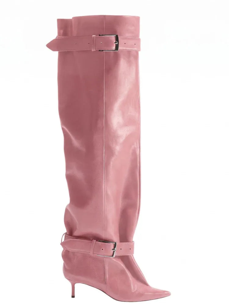Novas Botas Femininas Acima do Joelho com Salto Fino Pontiagudo, Fivela de Cinto e Cano Largo para Desfile de Moda, Tamanhos 35-46, Botas Femininas Acima da Coxa