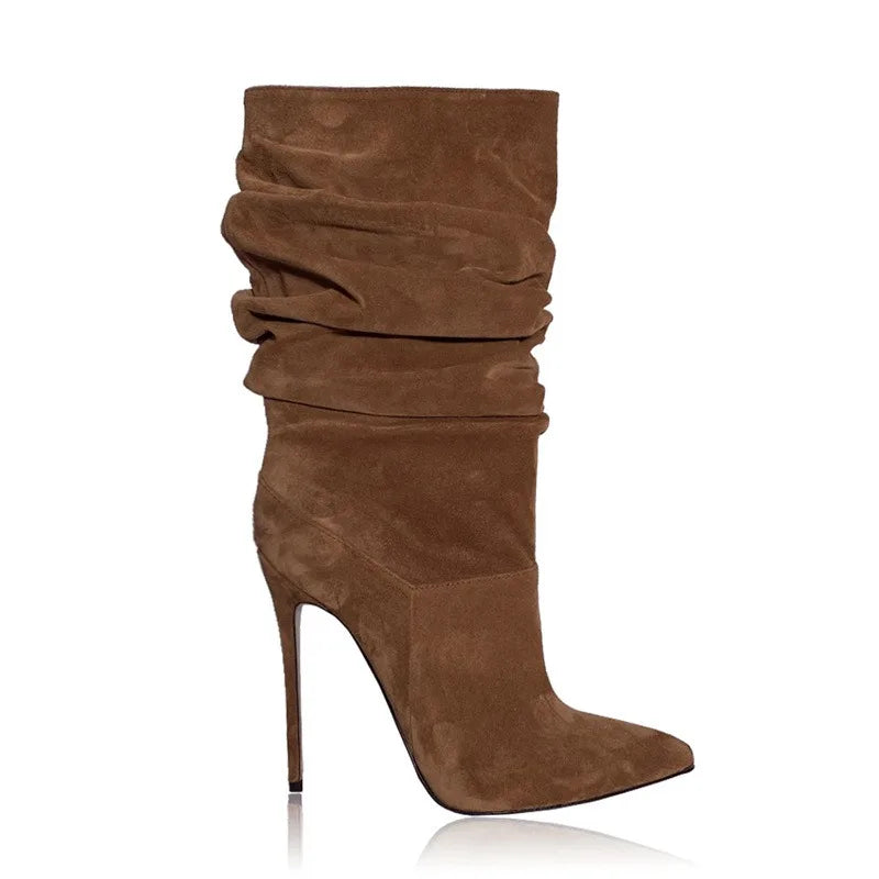 2025 moda dedo do pé apontado plissado salto stiletto joelho botas altas elásticas plus size botas de vestido feminino para escritório & festa à noite