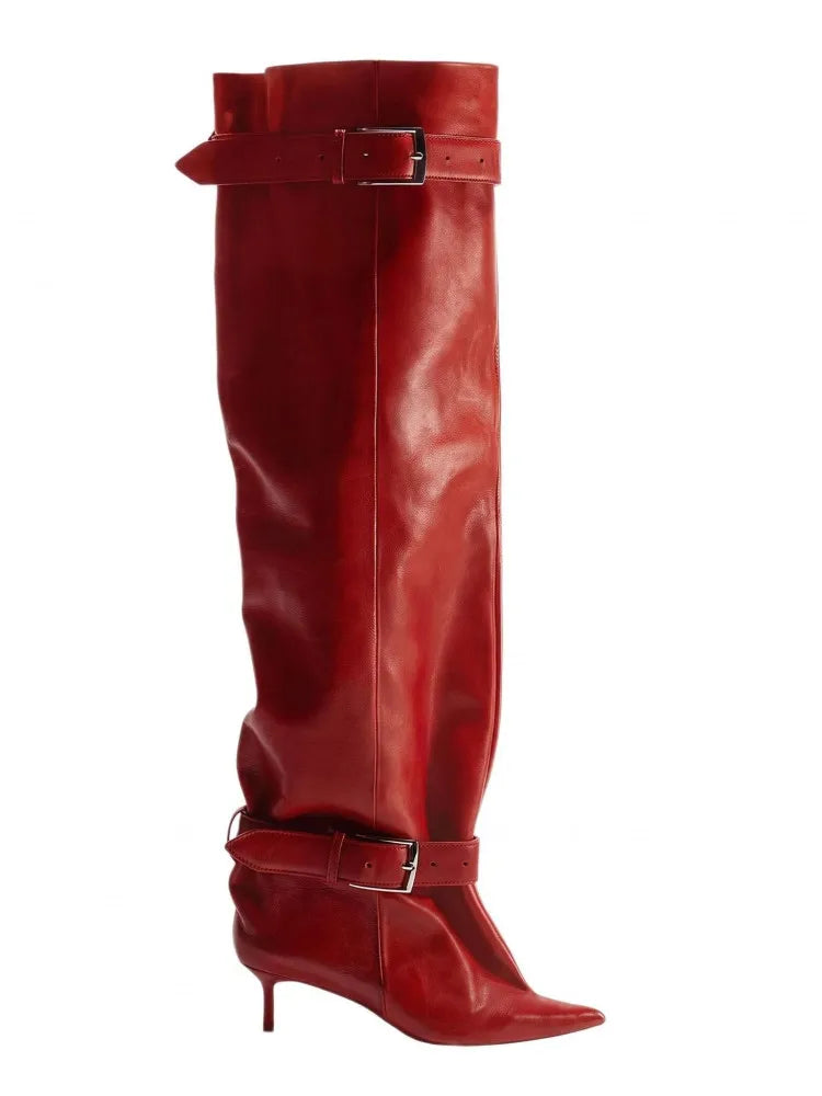 Novas Botas Femininas Acima do Joelho com Salto Fino Pontiagudo, Fivela de Cinto e Cano Largo para Desfile de Moda, Tamanhos 35-46, Botas Femininas Acima da Coxa