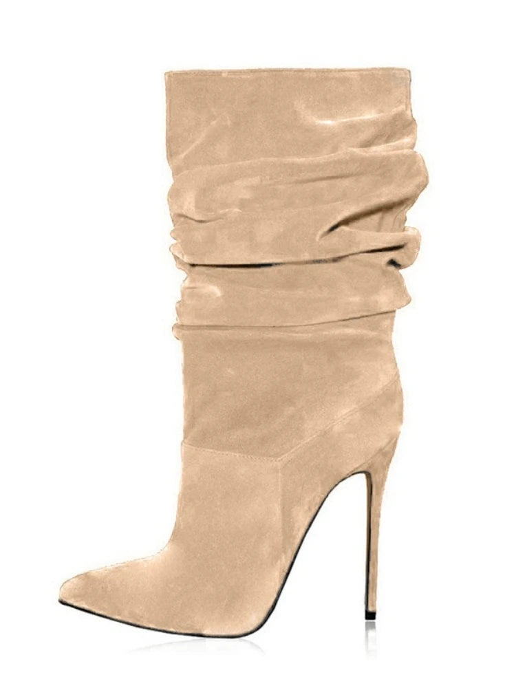 2025 moda dedo do pé apontado plissado salto stiletto joelho botas altas elásticas plus size botas de vestido feminino para escritório & festa à noite