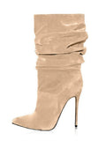 2025 moda dedo do pé apontado plissado salto stiletto joelho botas altas elásticas plus size botas de vestido feminino para escritório & festa à noite
