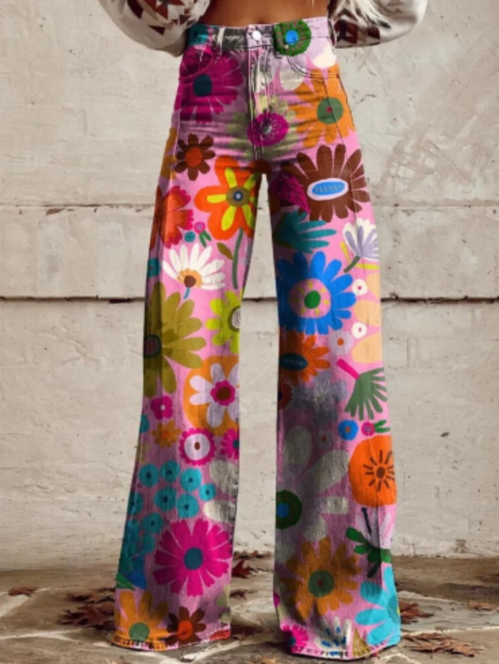 Calça jeans feminina estampada 3D, calça larga de poliéster com aparência vintage desgastada, cintura alta, ajuste confortável para moda urbana