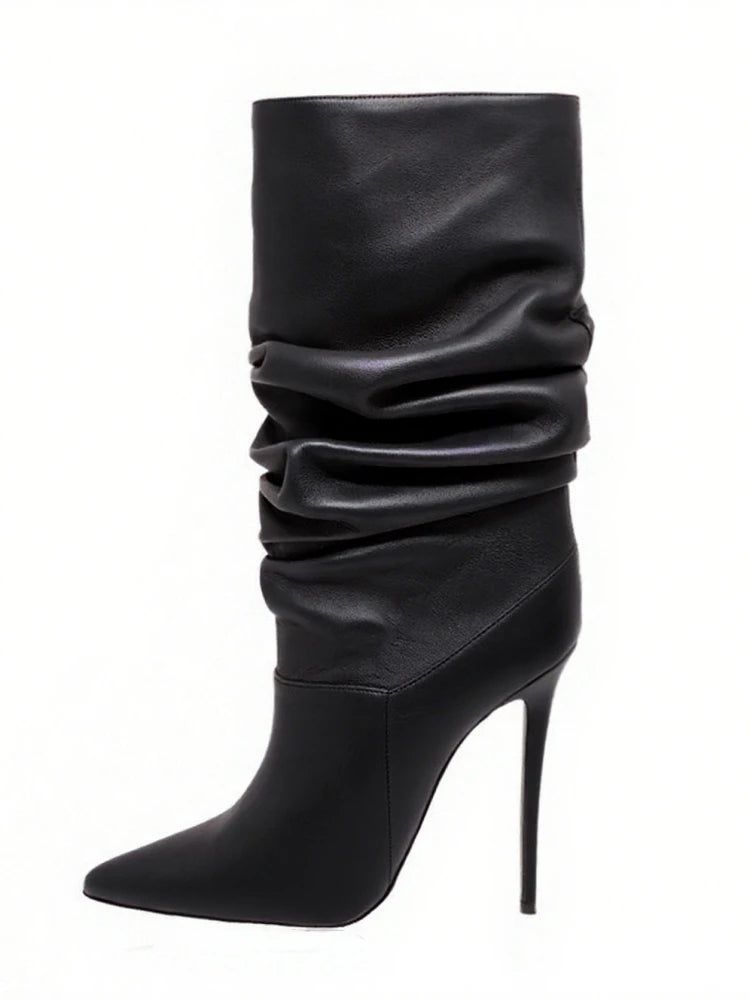 2025 moda dedo do pé apontado plissado salto stiletto joelho botas altas elásticas plus size botas de vestido feminino para escritório & festa à noite