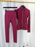 Conjunto de jaqueta com zíper dourado e calças de ioga, roupa esportiva, de secagem rápida e respirável, modeladora e leve, ajuste justo.