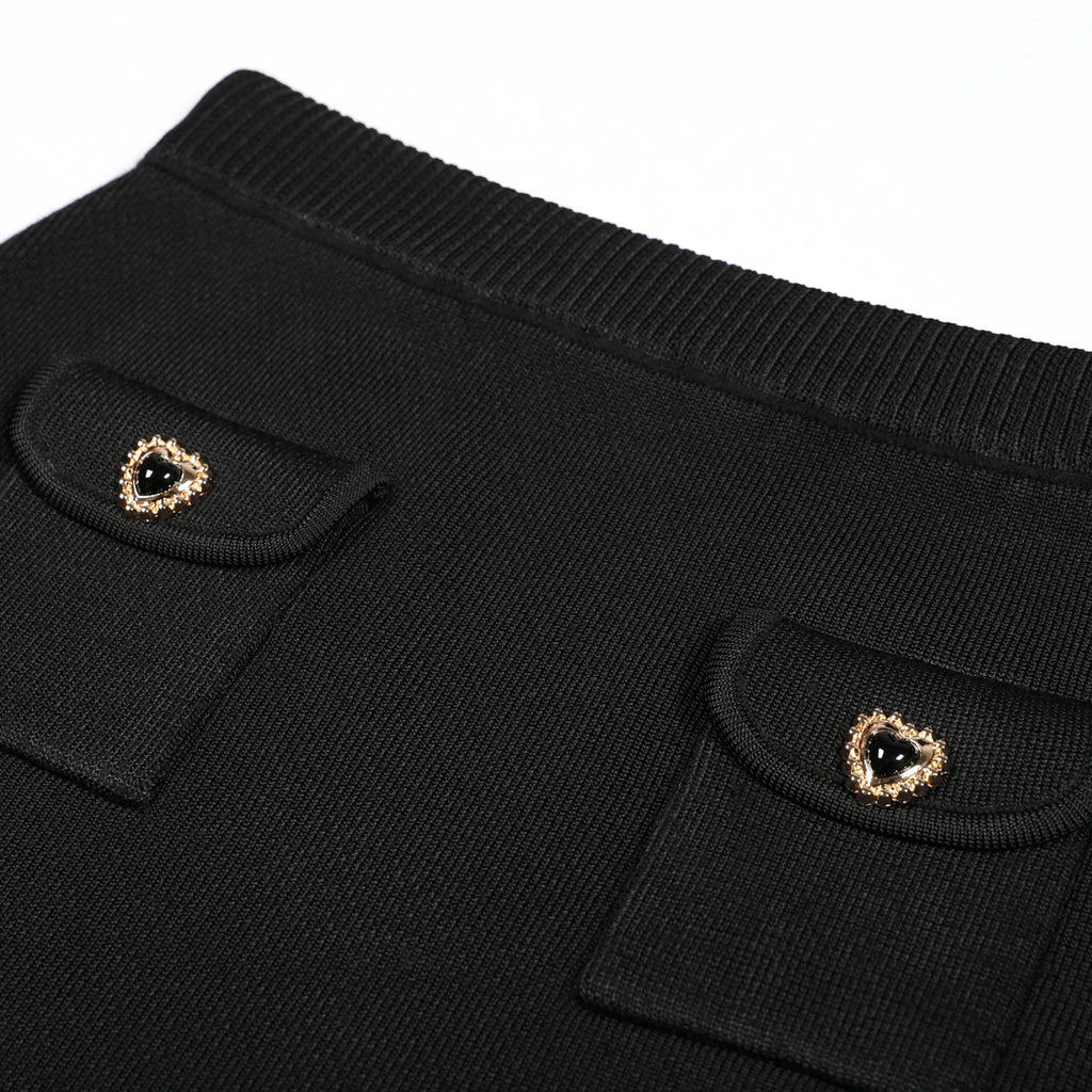 Alta qualidade nova moda elástica de malha em torno do pescoço em forma de coração botão cardigan fino ajuste meia saia conjunto feminino