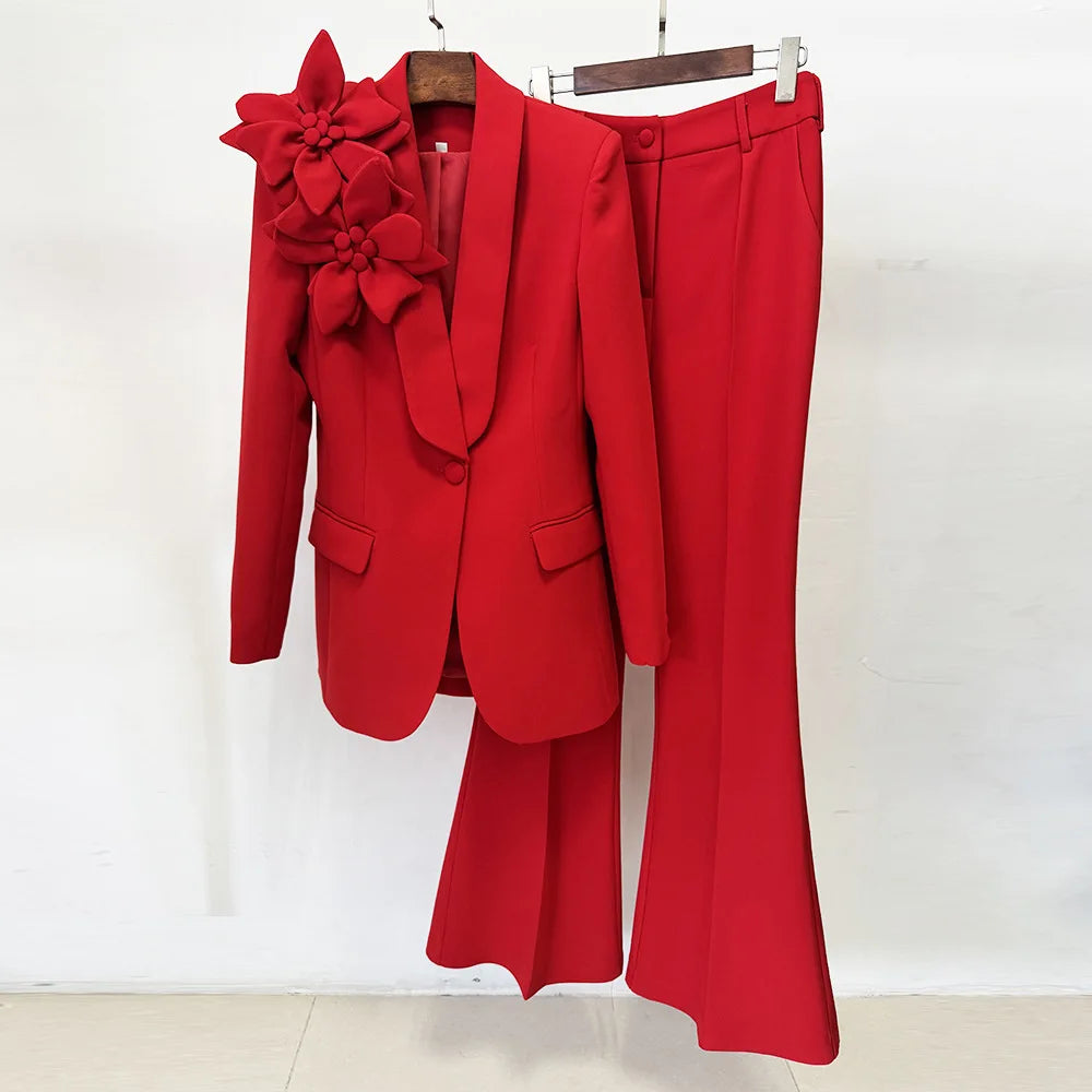 Conjunto de Terno Feminino de Designer da Moda 2026 HIGH STREET, Jaqueta com Flores Tridimensionais e Calças, 2 Peças