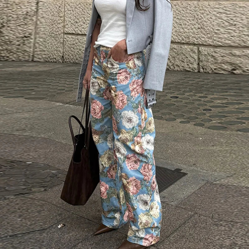 Calça Jeans Feminina Vintage 2026 com Estampa Floral, Cintura Alta, Perna Larga Solta, Reta, Estilo Retrô com Efeito de Pintura a Óleo, Casual Streetwear