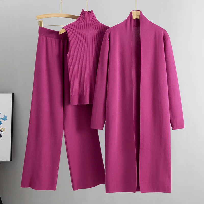 Conjunto Feminino Elegante de Tricô 3 Peças para Inverno e Outono 2026: Cardigã, Suéter e Calça Pantalona