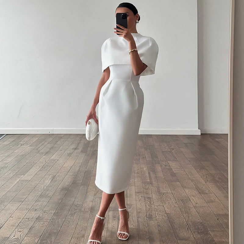 Conjunto Feminino Elegante de 2 Peças: Vestido Sólido com Gola Xale e Blusa de Manga Curta, Cintura Ajustada, Modelo Slim - Coleção Primavera Verão 2026