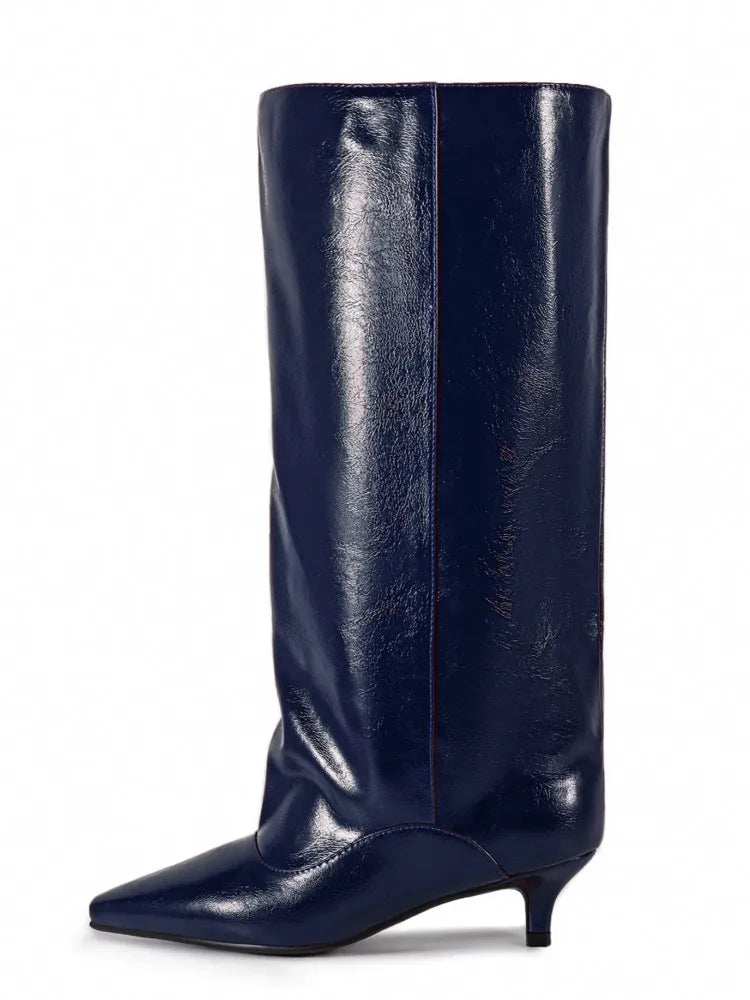 Botas Femininas de Cano Médio com Salto Baixo Pontudo 2026, Botas de Cano Alto da Moda com Salto Fino, Tamanhos Grandes 35-45