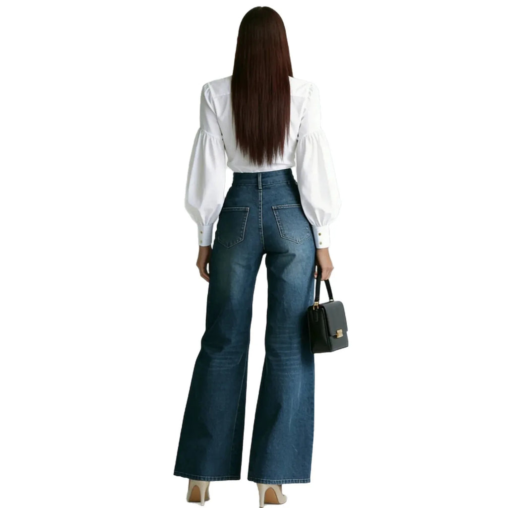Calças Jeans Femininas de Cintura Alta Estilo INS com Zíper Dourado, Perna Larga, Corte Reto, Modernas, Casuais, Soltas e com Bolsos Inclinados