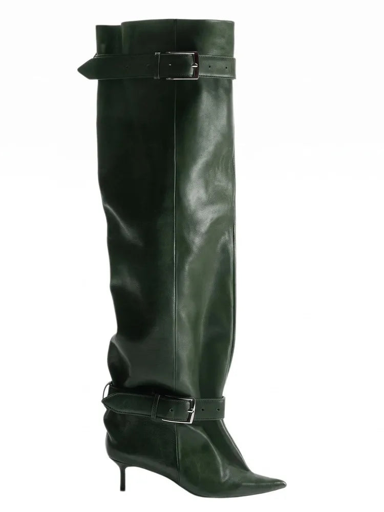 Novas Botas Femininas Acima do Joelho com Salto Fino Pontiagudo, Fivela de Cinto e Cano Largo para Desfile de Moda, Tamanhos 35-46, Botas Femininas Acima da Coxa